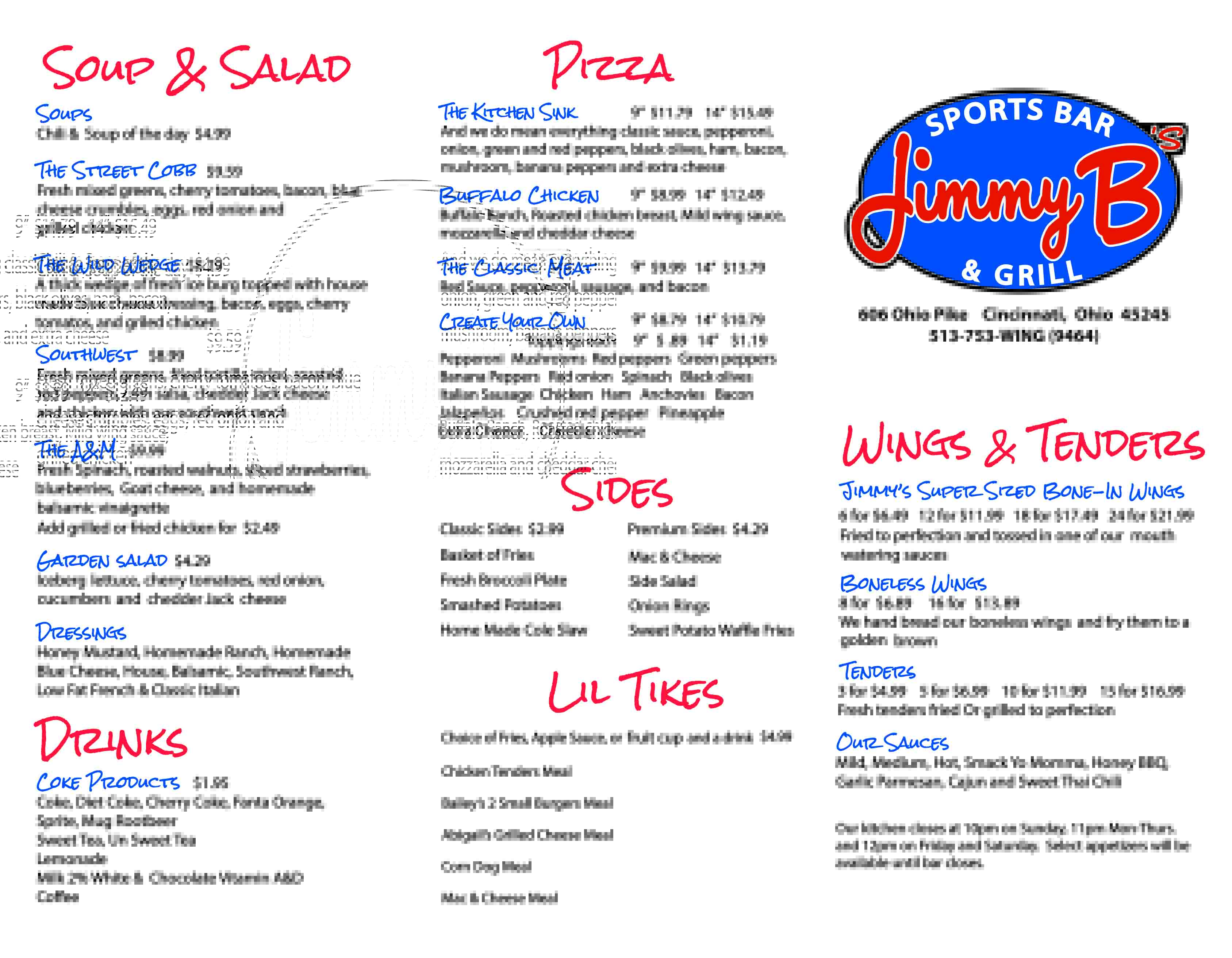 Carryout Menu Jimmy B's Sports Bar & Grill Cincinnati